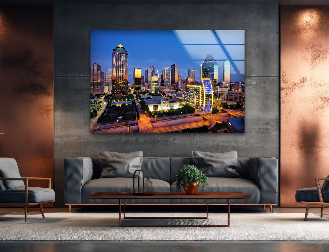 Dallas Skyline: Iconic Night View on Glass Wall Art
