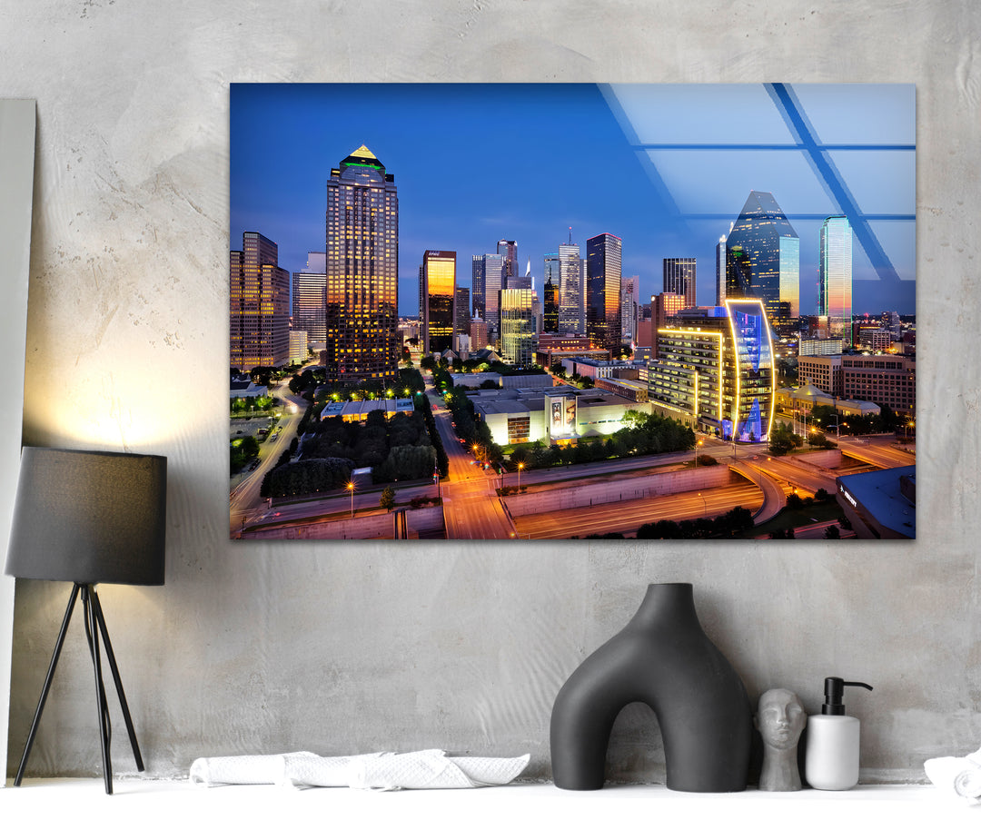 Dallas Skyline at Dusk: Modern Cityscape on Glass Wall Art
