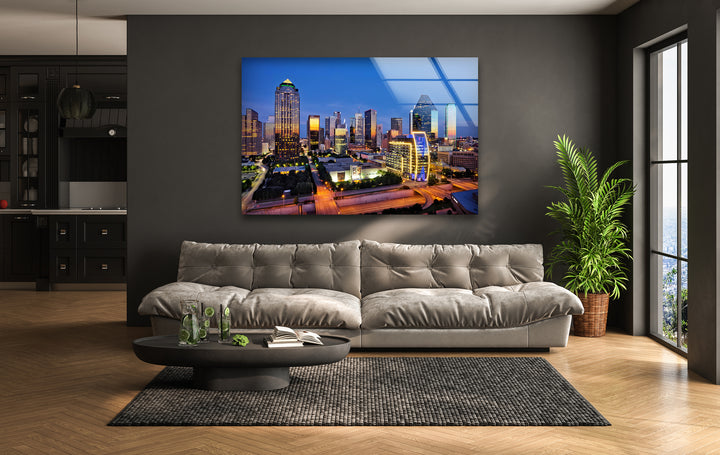 Dallas City Lights: Vibrant Skyline on Glass Wall Art
