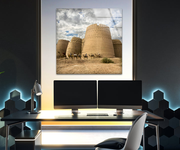 Thar Desert Fortress: Derawar Fort with Camel Caravan on Glass Wall Art
