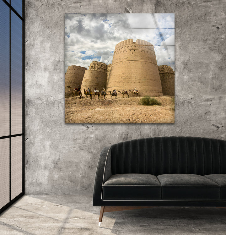 Derawar Fort and Camel Caravan: Historic Desert Landmark on Glass Wall Art
