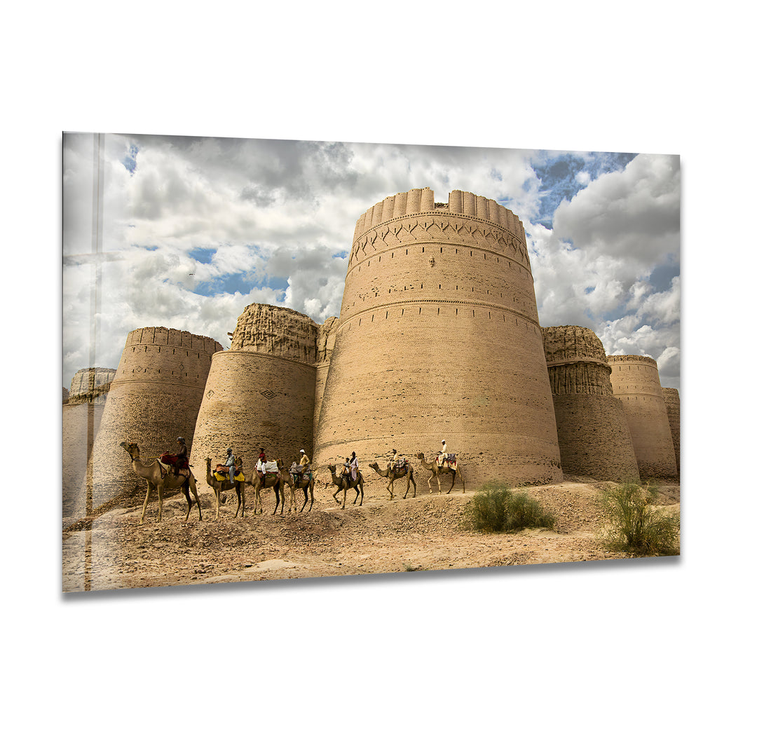 Derawar Fort and Camel Caravan: Desert Icon on Glass Wall Art
