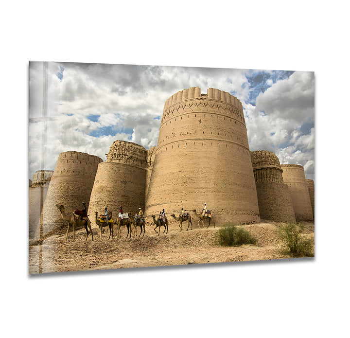 Derawar Fort and Camel Caravan: Desert Icon on Glass Wall Art
