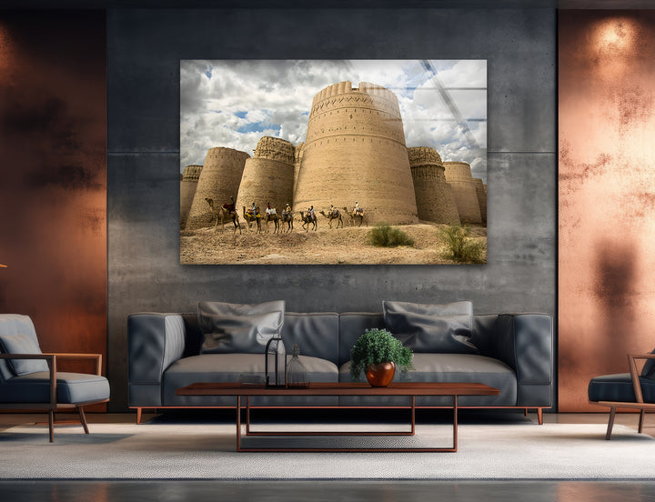 Derawar Fort: Desert Landmark with Camel Caravan Journey on Glass Wall Art
