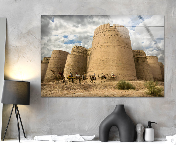 Camel Caravan and Derawar Fort: Stunning Desert Landscape on Glass Wall Art
