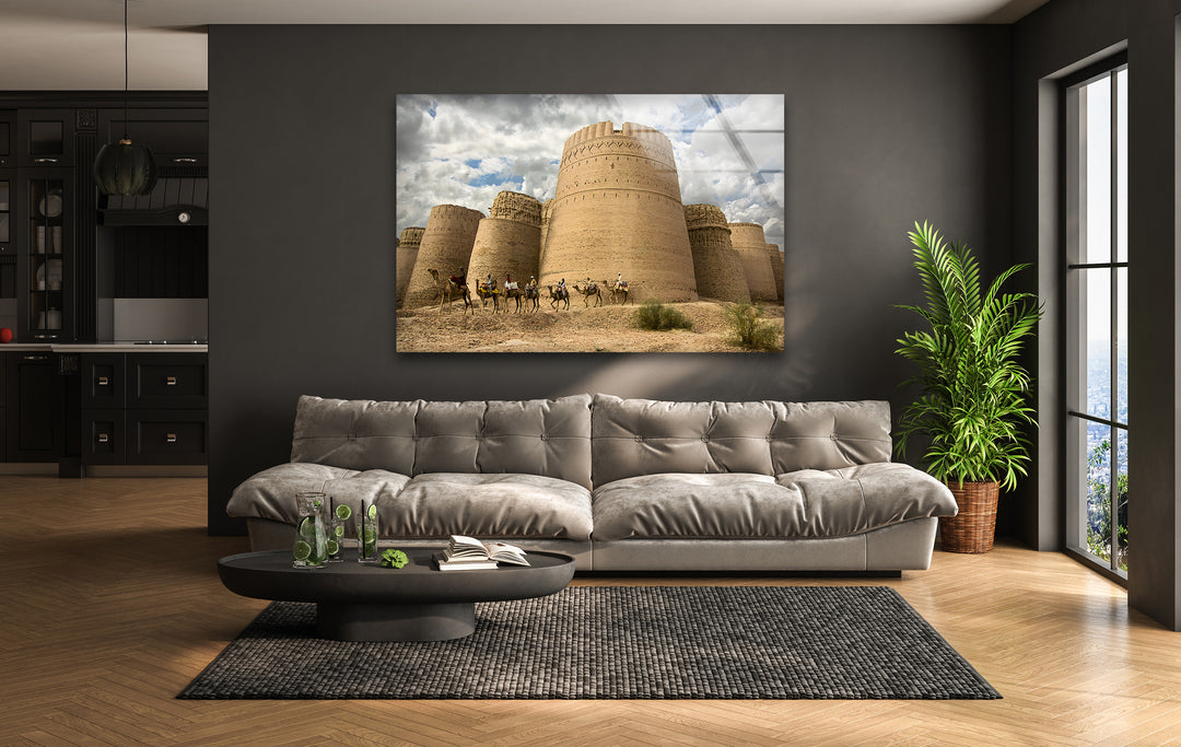 Derawar Fort: Iconic Fortress with Camel Caravan on Glass Wall Art
