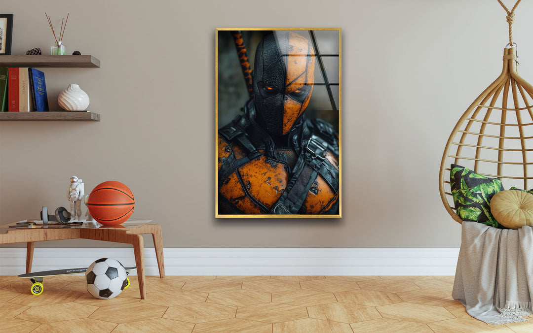 Deathstroke Orange Portrait Glass Wall Art custom glass photo prints, large glass prints
