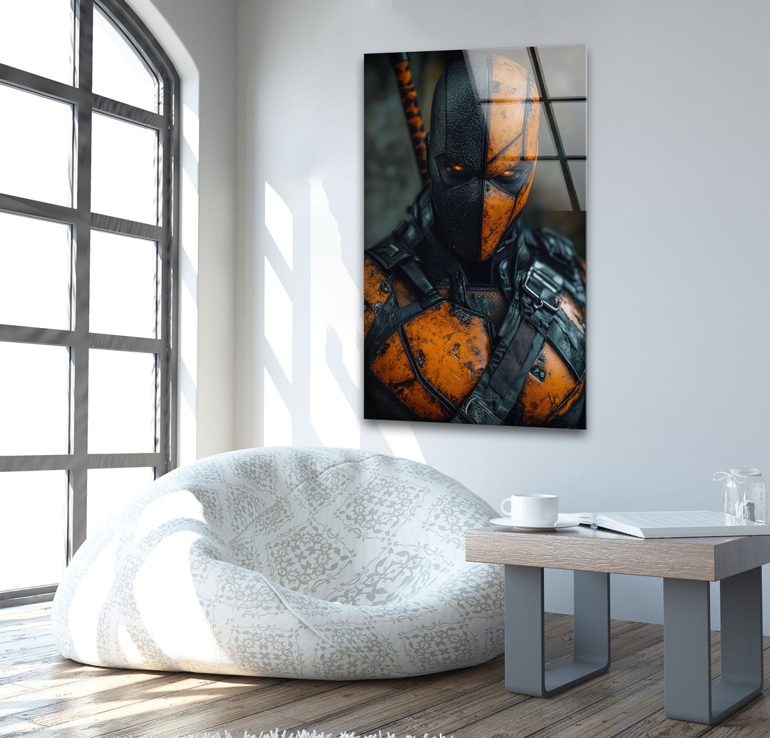 Deathstroke Orange Portrait Glass Wall Art picture on glass wall art, photos printed on glass
