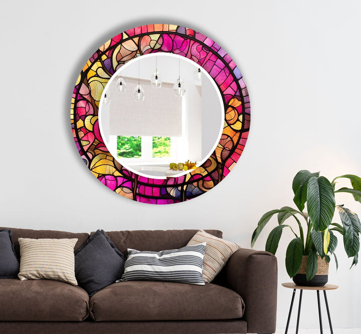 Pink & Yellow Stained Wall Mirror Mosaic Mirror 
