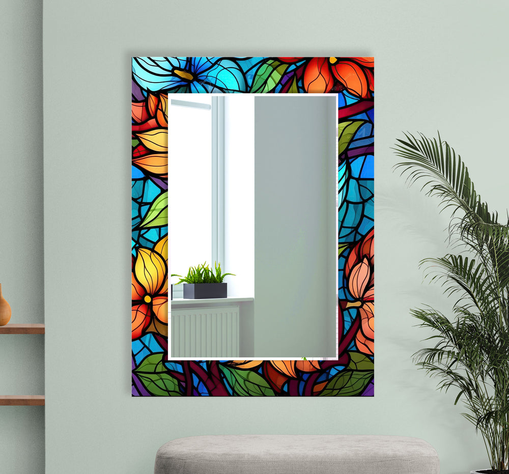 Orange & Blue Flowers Wall Mirror mirror with frame
