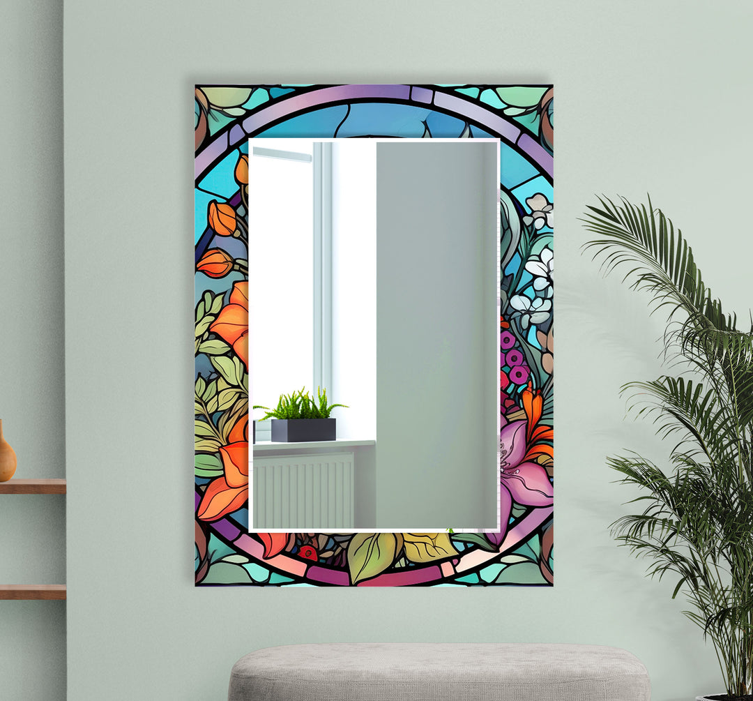 Green Stained Flower Wall Mirror Modern Wall Mirror
