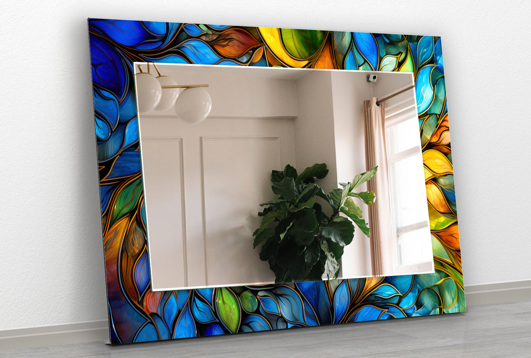 Stained Blue & Yellow Flowers Wall Mirror large living room mirror
