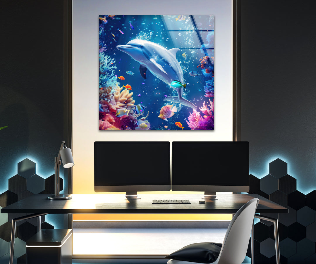 Dolphin in Tropic Ocean Glass Wall Art large glass photo prints, glass wall photos