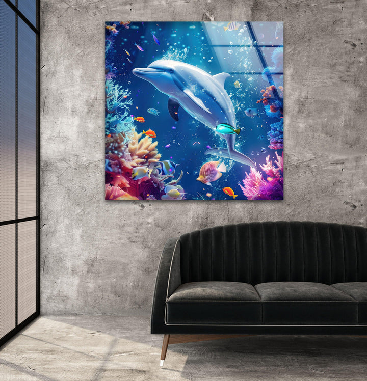 Dolphin in Tropic Ocean Glass Wall Art custom glass pictures, glass art prints