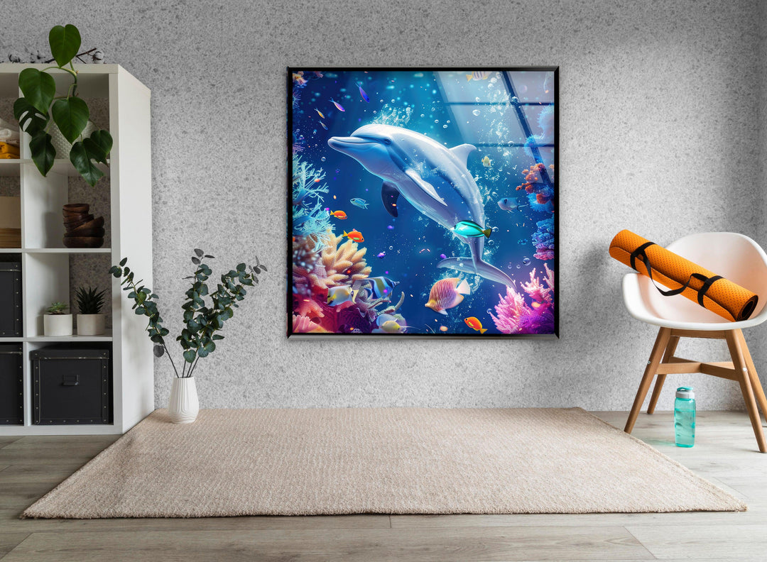 Dolphin in Tropic Ocean Glass Wall Art photo print on glass, prints on glass wall art