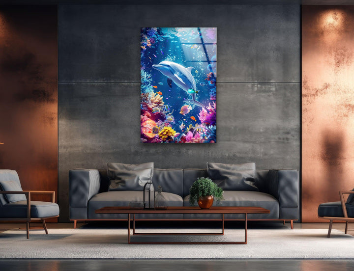 Dolphin in Tropic Ocean Glass Wall Art picture on glass wall art, photos printed on glass