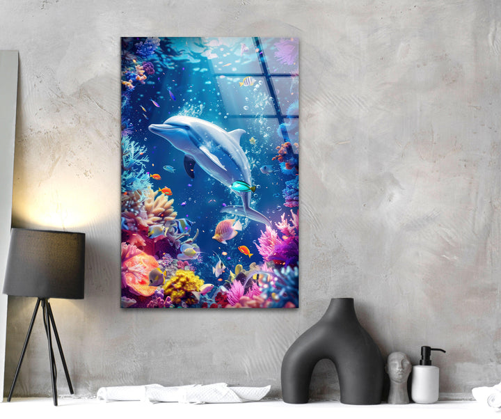 Dolphin in Tropic Ocean Glass Wall Art glass pictures for Wall, glass prints wall art