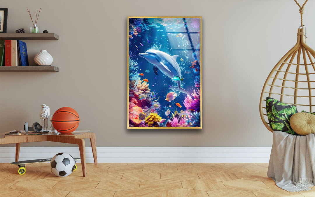 Dolphin in Tropic Ocean Glass Wall Art print on glass, glass printed photos