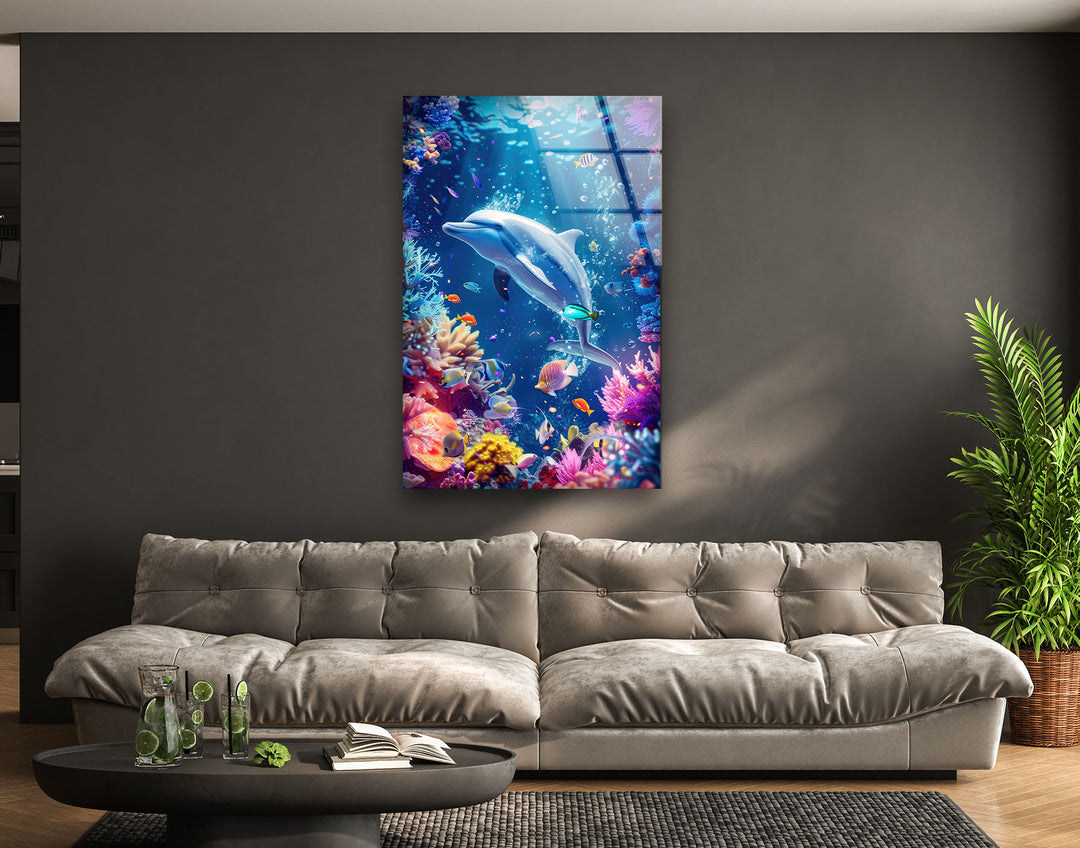 Dolphin in Tropic Ocean Glass Wall Art print picture on glass,Tempered Glass Wall Art