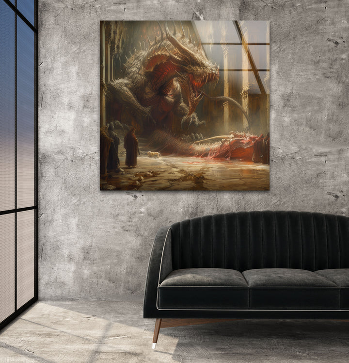 Monstrous Dragon Emerging Glass Wall Art print picture on glass, Tempered Glass Wall Art
