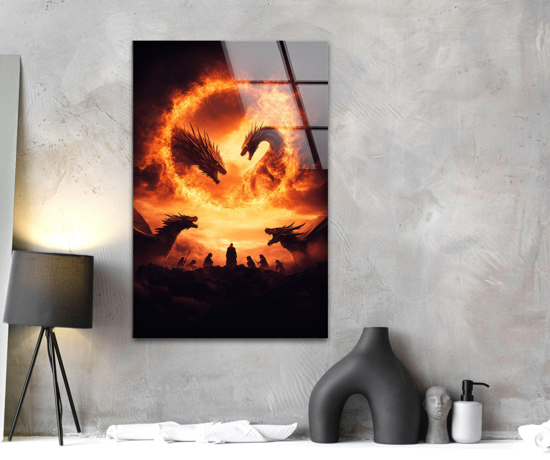 Dragons Flying in The Sky Glass Wall Art picture on glass wall art, photos printed on glass
