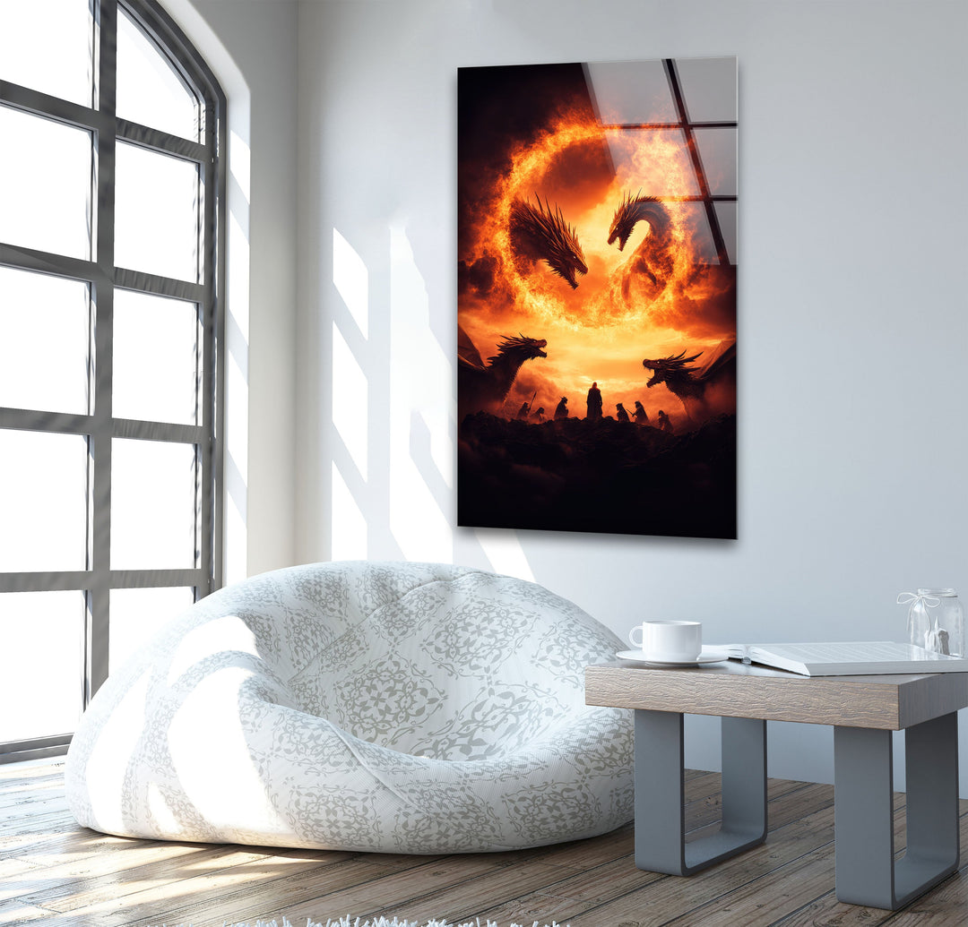 Dragons Flying in The Sky Glass Wall Art print picture on glass, Tempered Glass Wall Art
