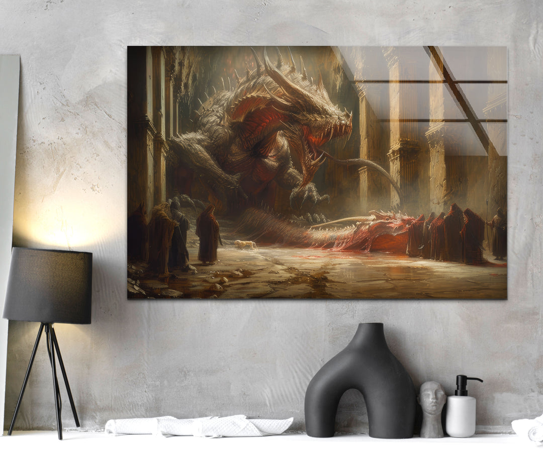 Monstrous Dragon Emerging Glass Wall Art photo print on glass, prints on glass wall art
