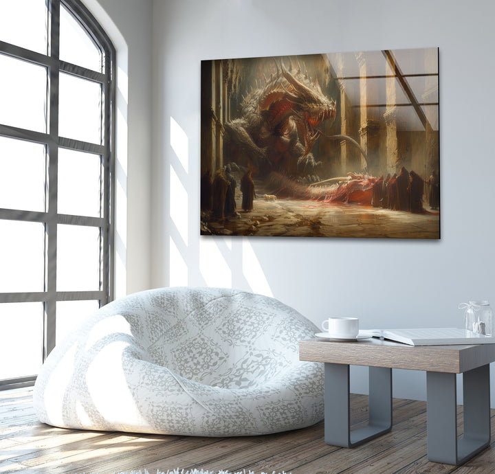 Monstrous Dragon Emerging Glass Wall Art picture on glass wall art, photos printed on glass
