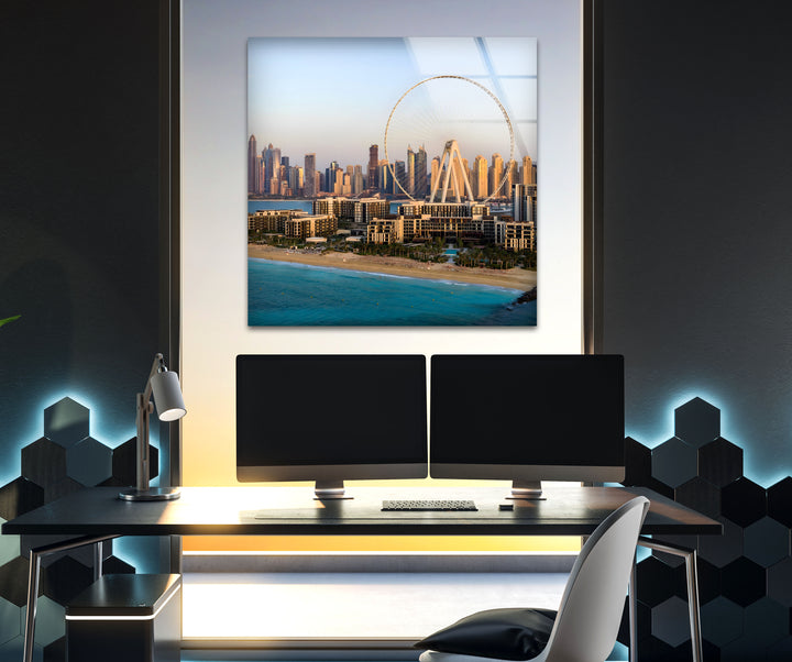 Dubai at Dusk: Ain Dubai Ferris Wheel and Skyline on Glass Wall Art
