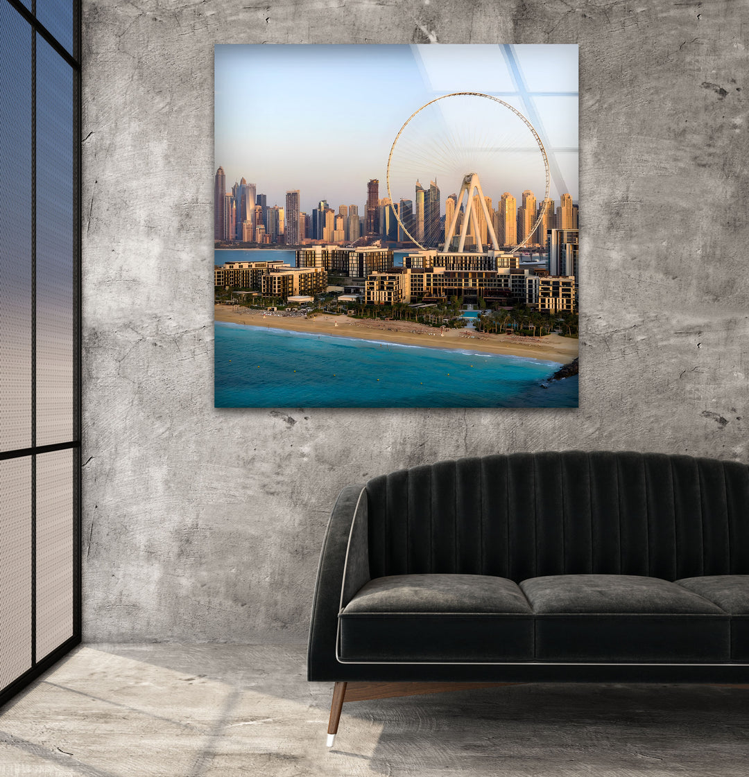 Dubai Skyline: Elegant Cityscape Featuring Ain Dubai Ferris Wheel on Glass Wall Art
