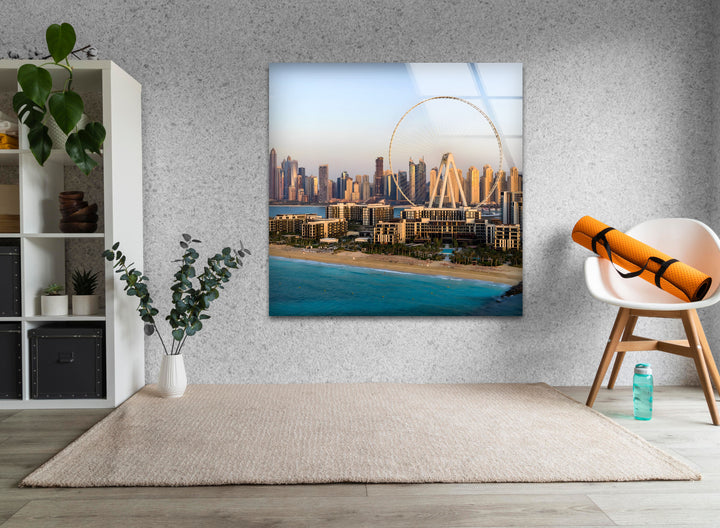 Dubai Skyline and Ain Dubai Ferris Wheel: Vibrant Cityscape on Glass Wall Art
