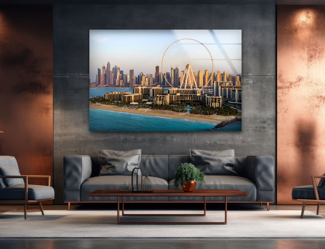 Ain Dubai Ferris Wheel and Skyline: Majestic View of Dubai on Glass Wall Art
