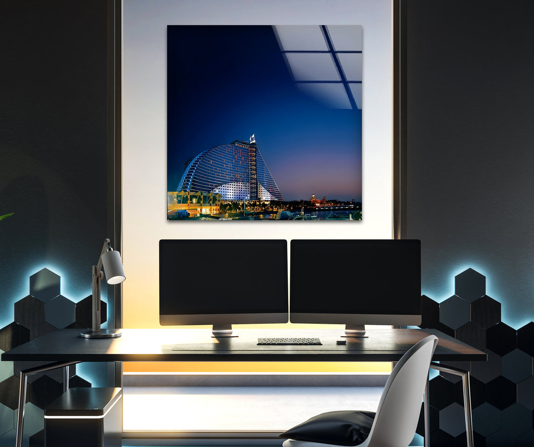 Burj Al Arab: Glowing Luxury at Night on Glass Wall Art
