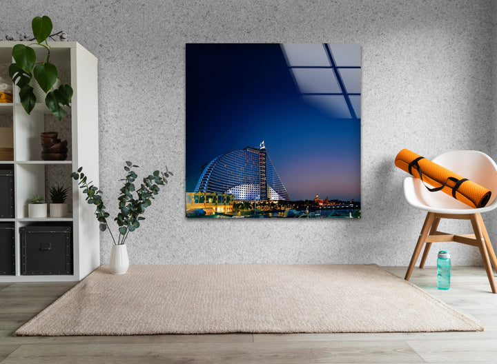 Burj Al Arab: Majestic Dubai Skyline at Night on Glass Wall Art
