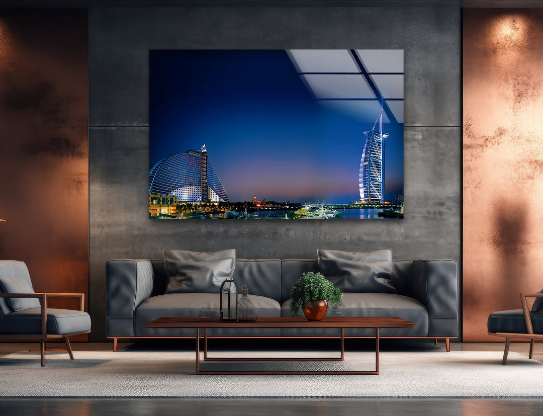 Burj Al Arab: Iconic Landmark Illuminated Against Dubai Night Sky on Glass Wall Art
