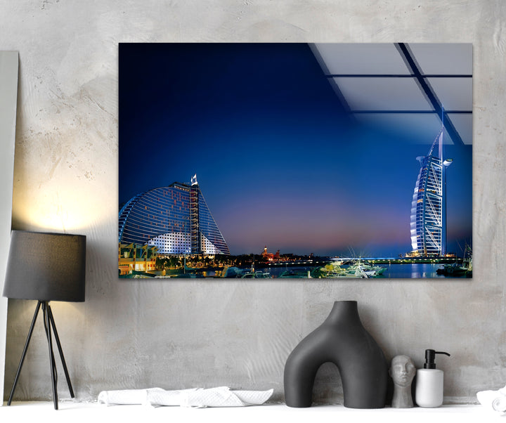 Burj Al Arab: Radiant Dubai View at Night on Glass Wall Art
