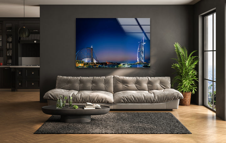 Burj Al Arab: Stunning Nighttime View of Dubai on Glass Wall Art
