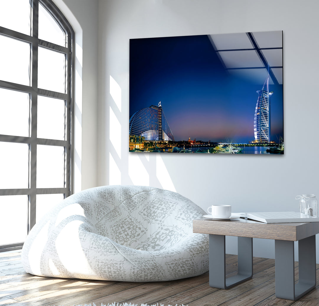 Burj Al Arab at Night: Iconic Dubai Landmark Illuminated on Glass Wall Art
