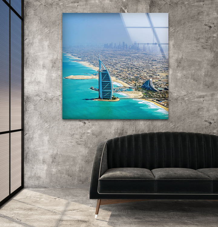 Dubai Cityscape with Burj Al Arab: Iconic Landmark on Glass Wall Art
