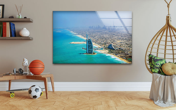 Burj Al Arab and Dubai Skyline: Aerial View Captured on Glass Wall Art
