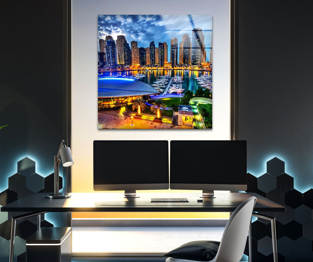 Dubai Marina: Dynamic Cityscape at Night on Glass Wall Art
