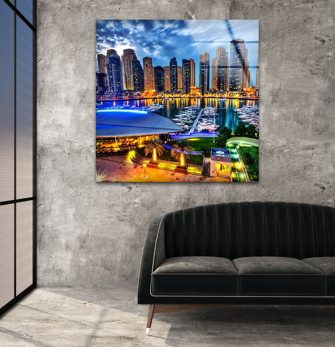 Dubai Marina: Breathtaking Night View of the City on Glass Wall Art
