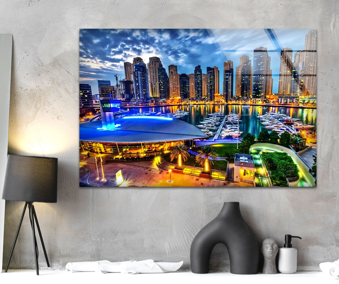 Dubai Marina: Dazzling Skyscrapers and Marina at Night on Glass Wall Art
