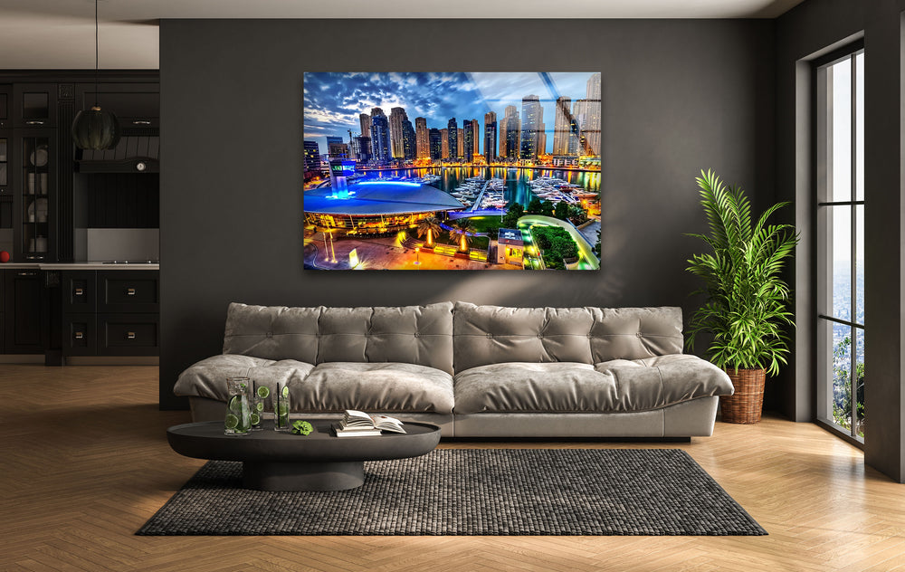 Dubai Marina: Illuminated Cityscape at Night on Glass Wall Art
