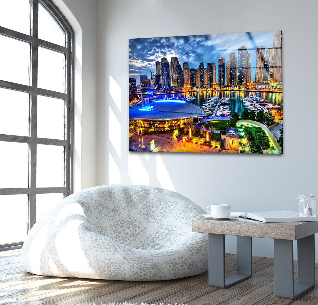 Dubai Marina: Iconic Waterfront and Skyscrapers at Night on Glass Wall Art
