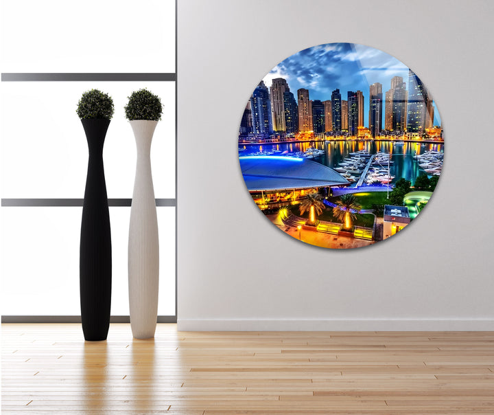 Dubai Marina: Vibrant Nighttime Skyline Captured on Glass Wall Art
