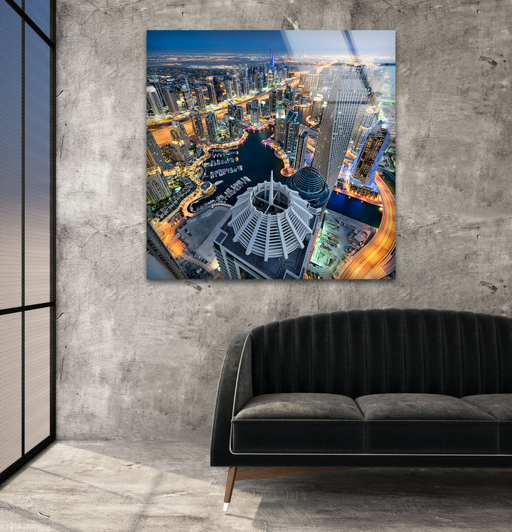 Dubai Marina: Majestic Cityscape at Night on Glass Wall Art
