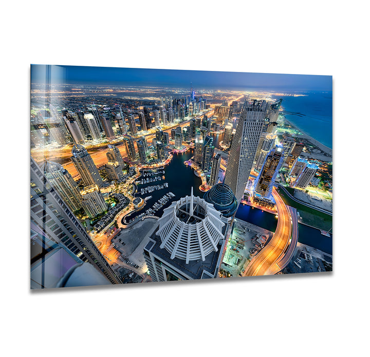 Dubai Marina: Aerial Night View on Glass Wall Art
