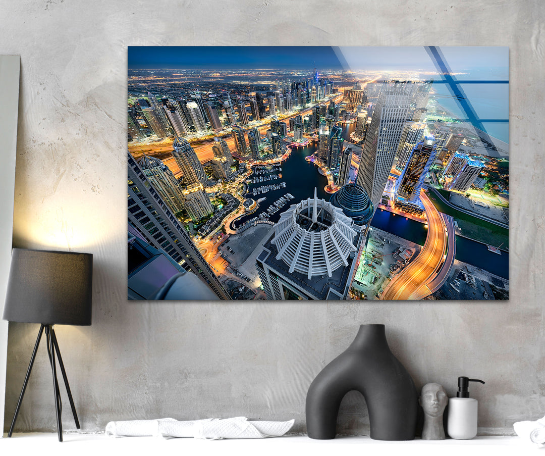 Dubai Marina: Aerial Night View on Glass Wall Art
