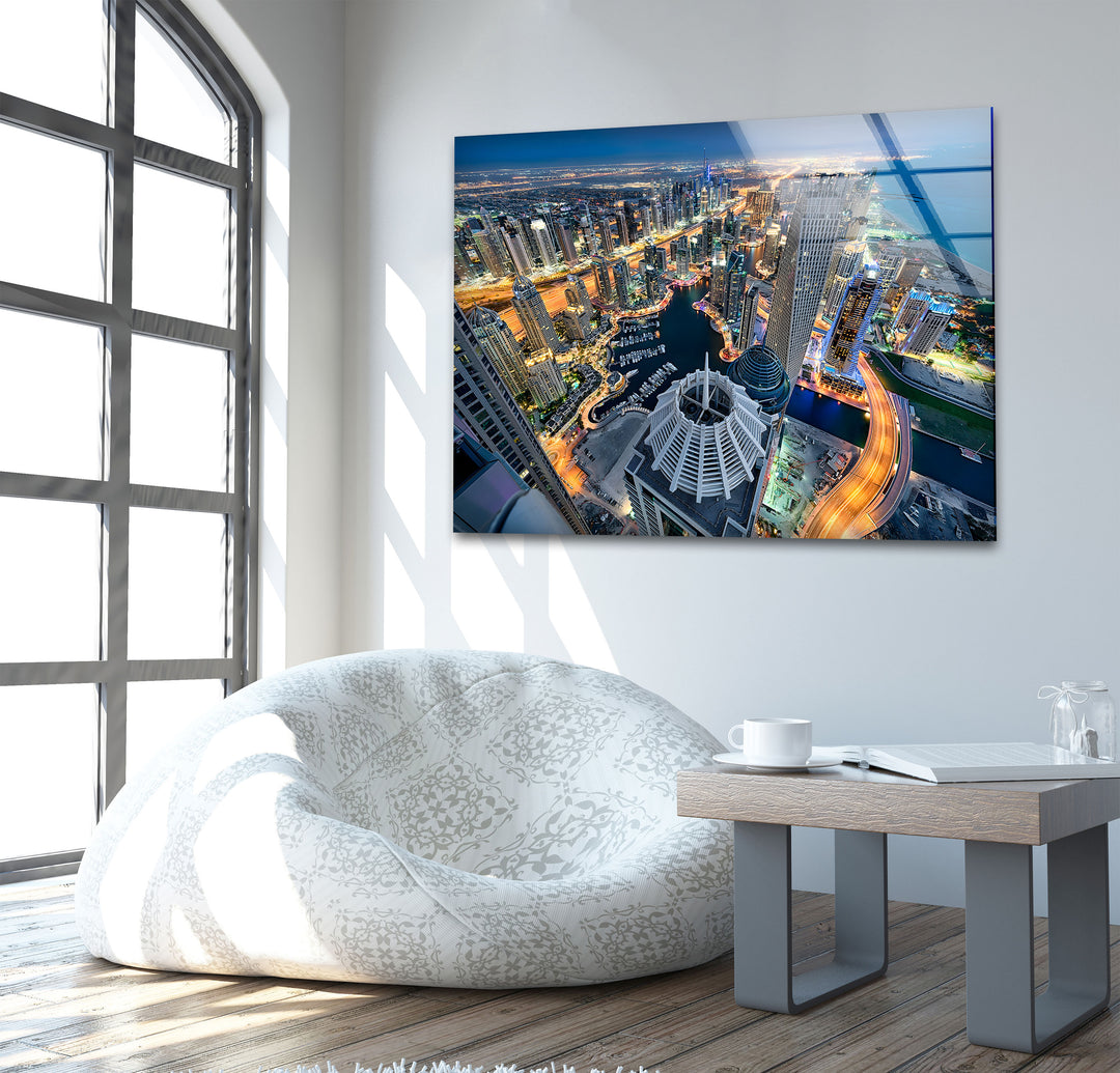 Dubai Marina: Illuminated Cityscape from Above on Glass Wall Art
